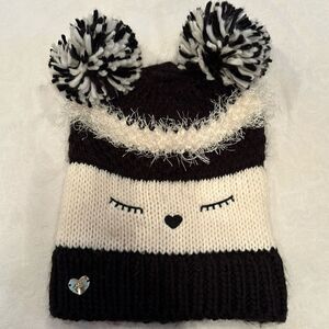 Betsey Johnson Knit Beanie Black White Pompoms Fuzzy One Size Fits Most